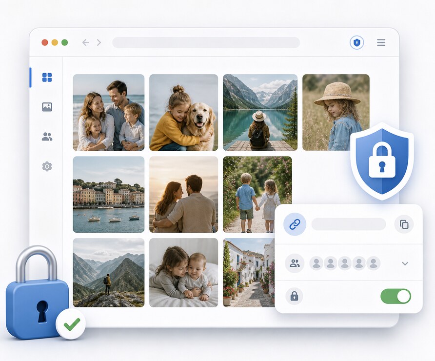 A protected private photo album with controlled sharing and password settings