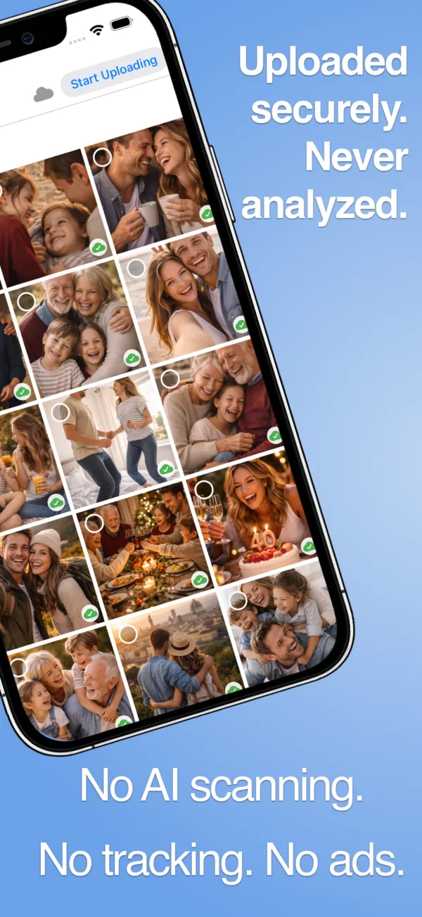 Photos uploaded securely without AI analysis
